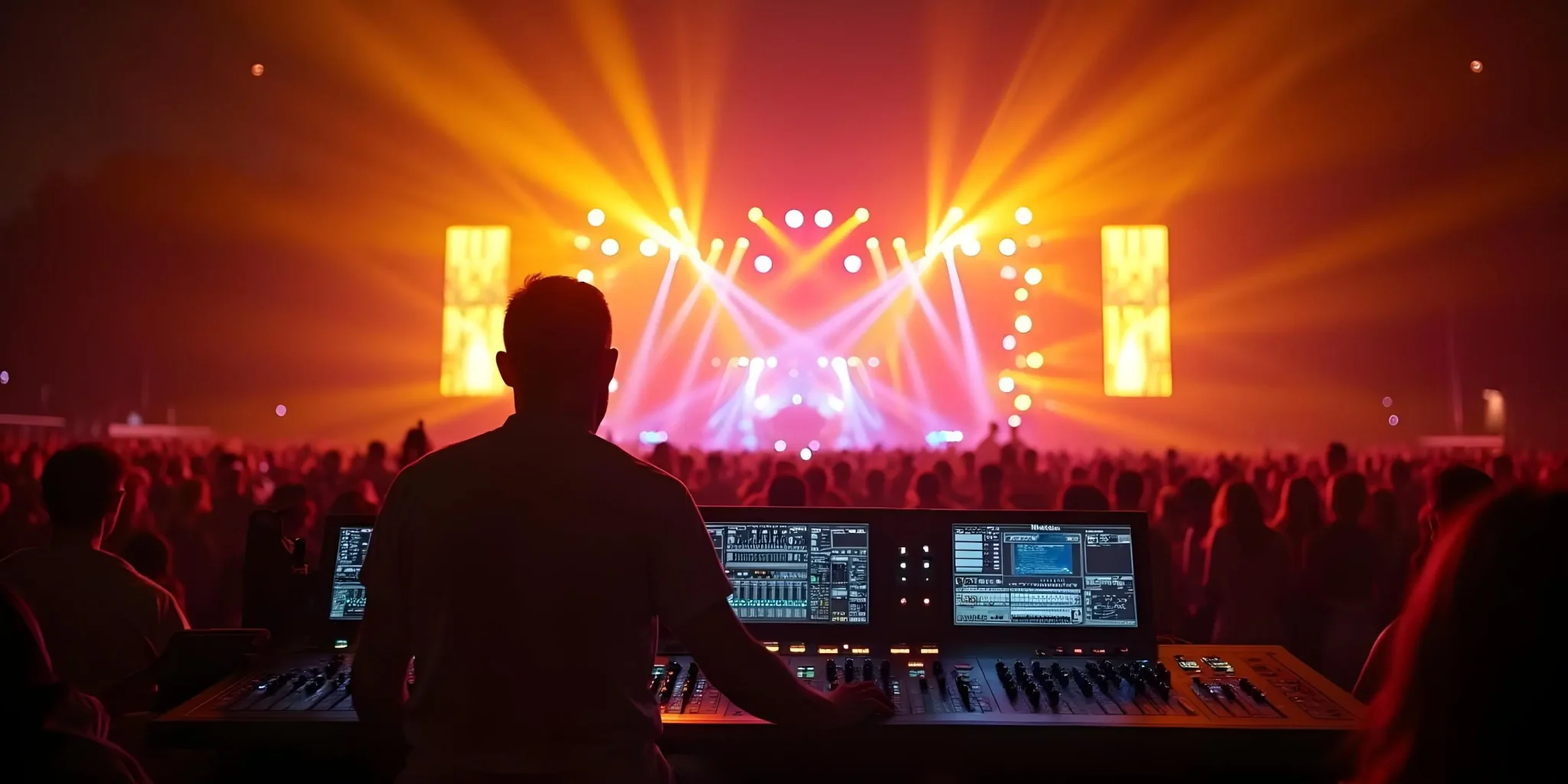 DMX Lighting Control Console Enhancing Large Concert Ambiance with Bright Visuals
