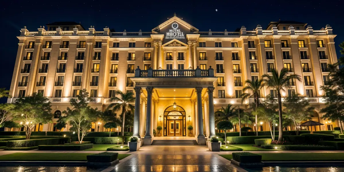 Hotel exterior illuminated with architectural lighting featuring floodlights wall washers and pathway lights for a luxurious ambiance1 - Top Hotel Lighting Ideas From Lobby to Guest Room [July 2025] - Vorlane
